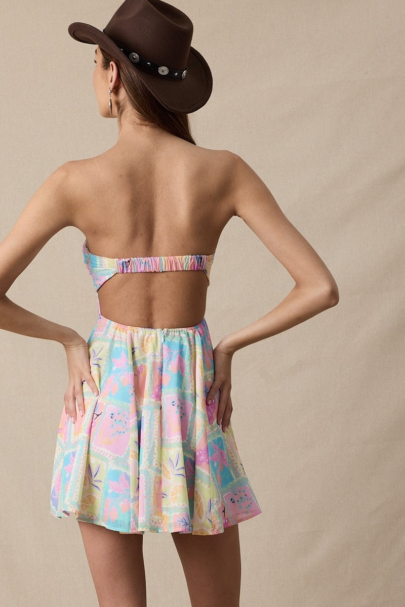 Pastel Fruit Tile Open Back Band Mini Dress