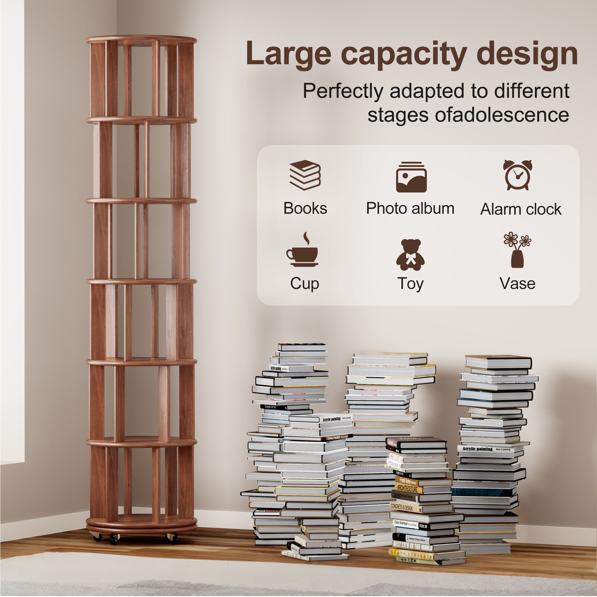 100%Solid Wood Rotating Bookshelf on Wheels, 6 Tier, Round Revolving Bookcase, 360° Spinning Book Shelf Tower for Kids, Narrow Rolling Bookshelves for Small Space, Corner, Bedroom, Office, Walnut