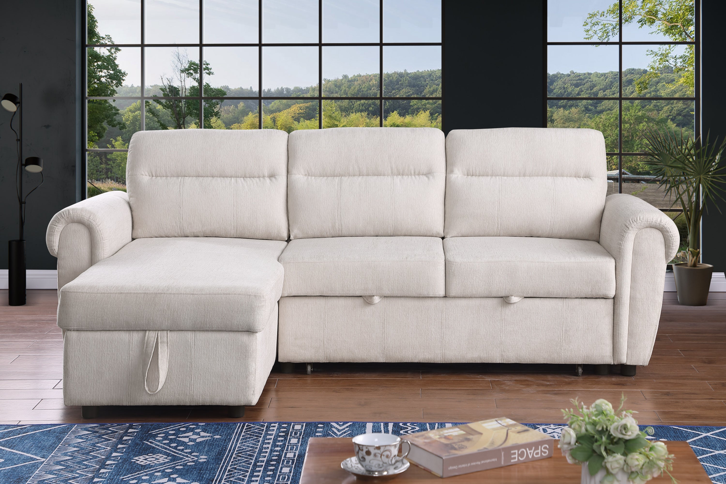 Hugo 97'W Beige Chenille Reversible Sleeper Sectional Sofa Chaise with USB Charger