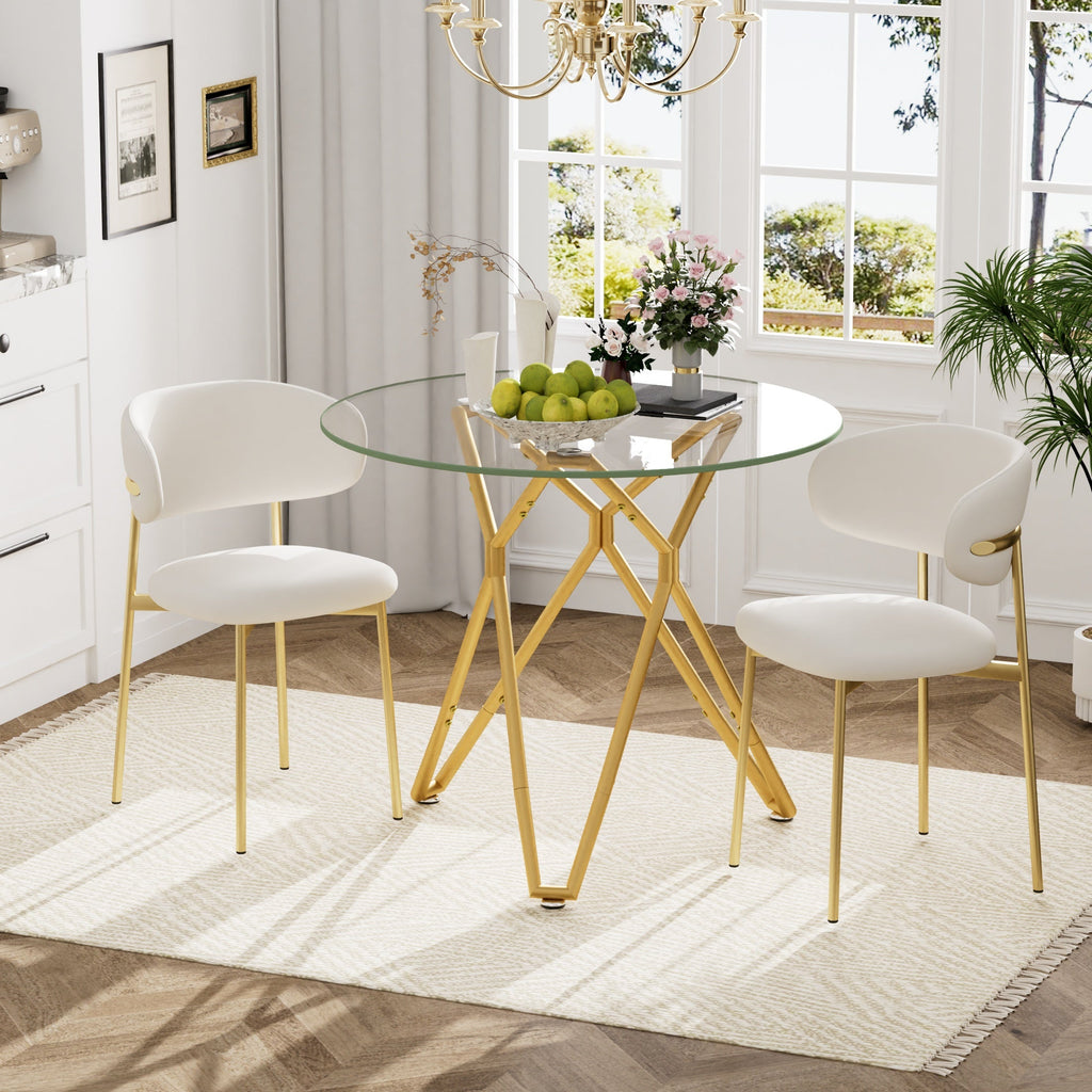 Modern Round Tempered Glass Dining Table with Sturdy Metal Legs for 1-4 People, Gold, 35.4 Inches