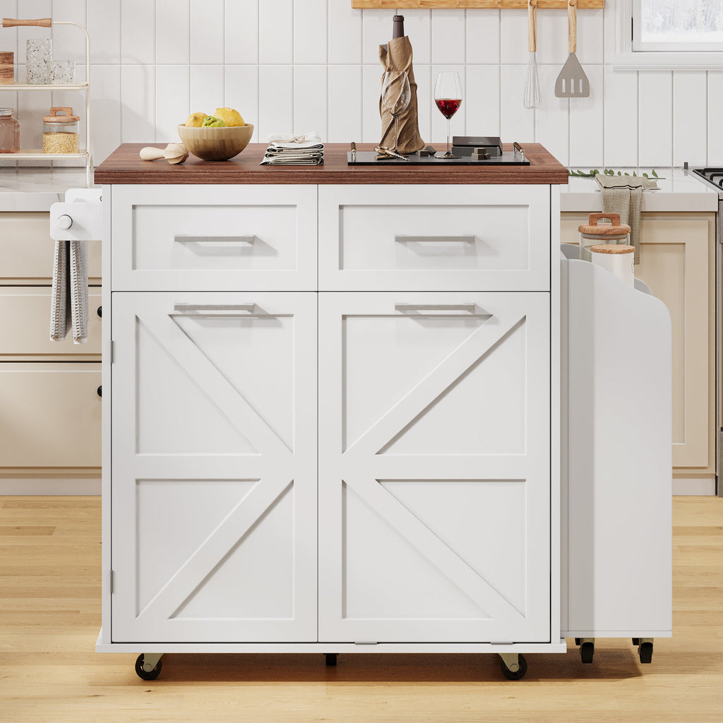 K&K 47.2' Farmhouse Kitchen Island with Drop Leaf, Kitchen Storage Island with Removable Side Racks, Two Drawers, Rolling Kitchen Cart on Wheels with Towel Rack, for Home, Kitchen, Dining Room, White