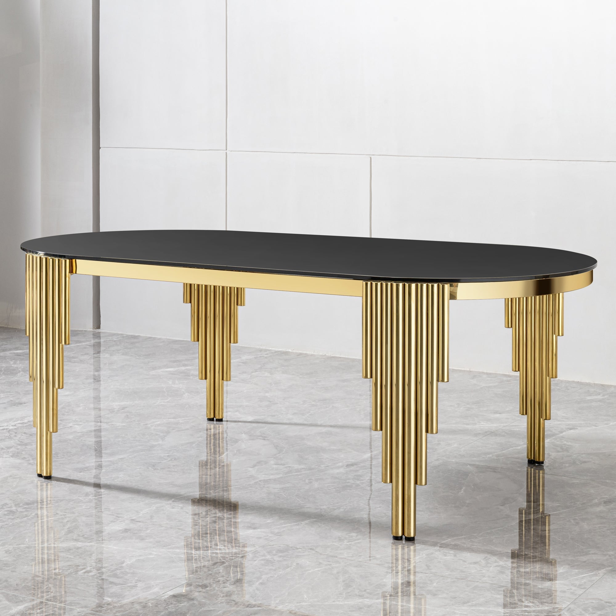 70.08 in. Oval Dining Table with Black Glass Top and Gold Stainless Steel Base, for 6 Seats
