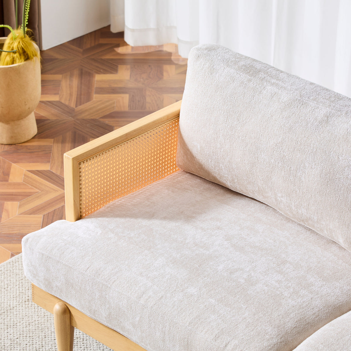 EMIR 72' Square Arm 3-Seater Sofa with Cane Rattan and Wooden Frame,Natural,,Living Rooms,Bedrooms,Apartment Office