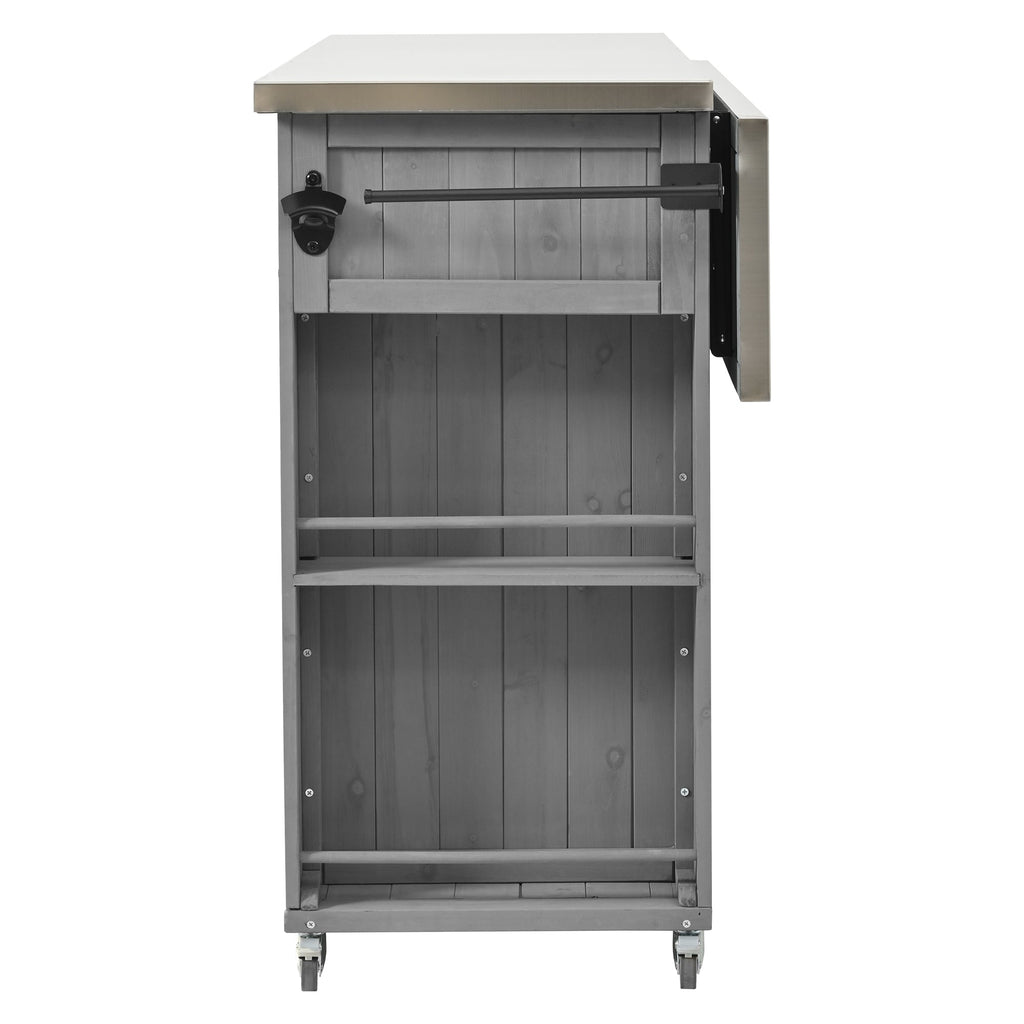Outdoor Kitchen Island Fir Wood Kitchen Island with Stainless Steel Top, Ample Storage, Towel and Spice Racks, Bottle Opener, Grey