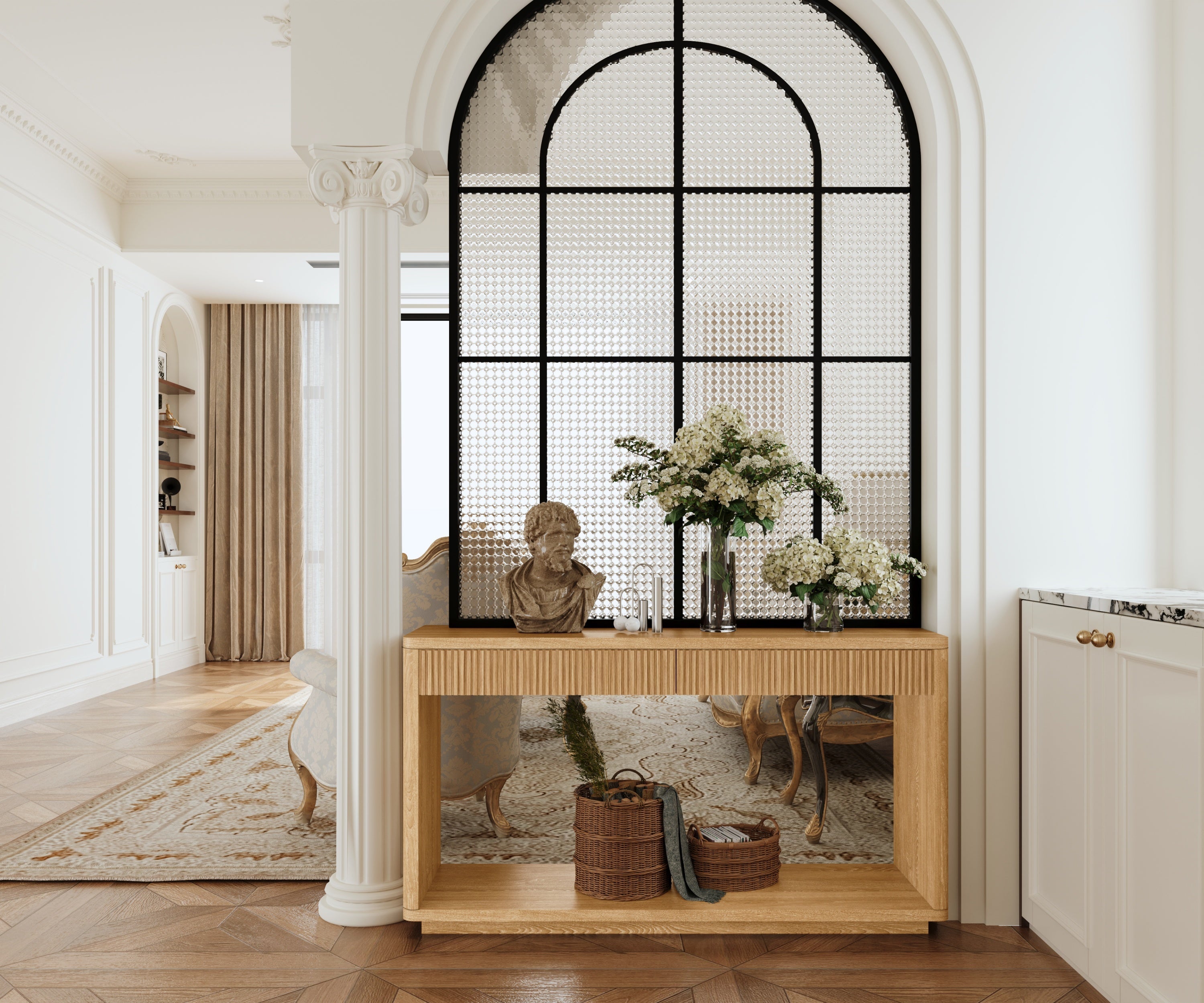 60' Modern 2-Drawer Fluted Console Table Natural Wood Veneer Sofa Table Behind Couch Table for Living Room, Hallway, Entryway, Home Office, Natural Wood