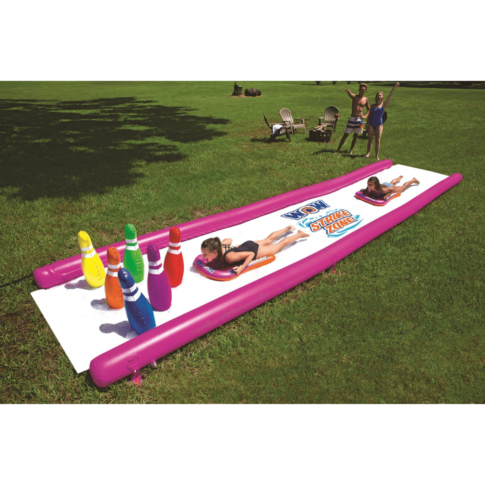 WOW Watersports Strike Zone Water Slide w 6 Giant Inflatable Bowling Pins and Sprinkler