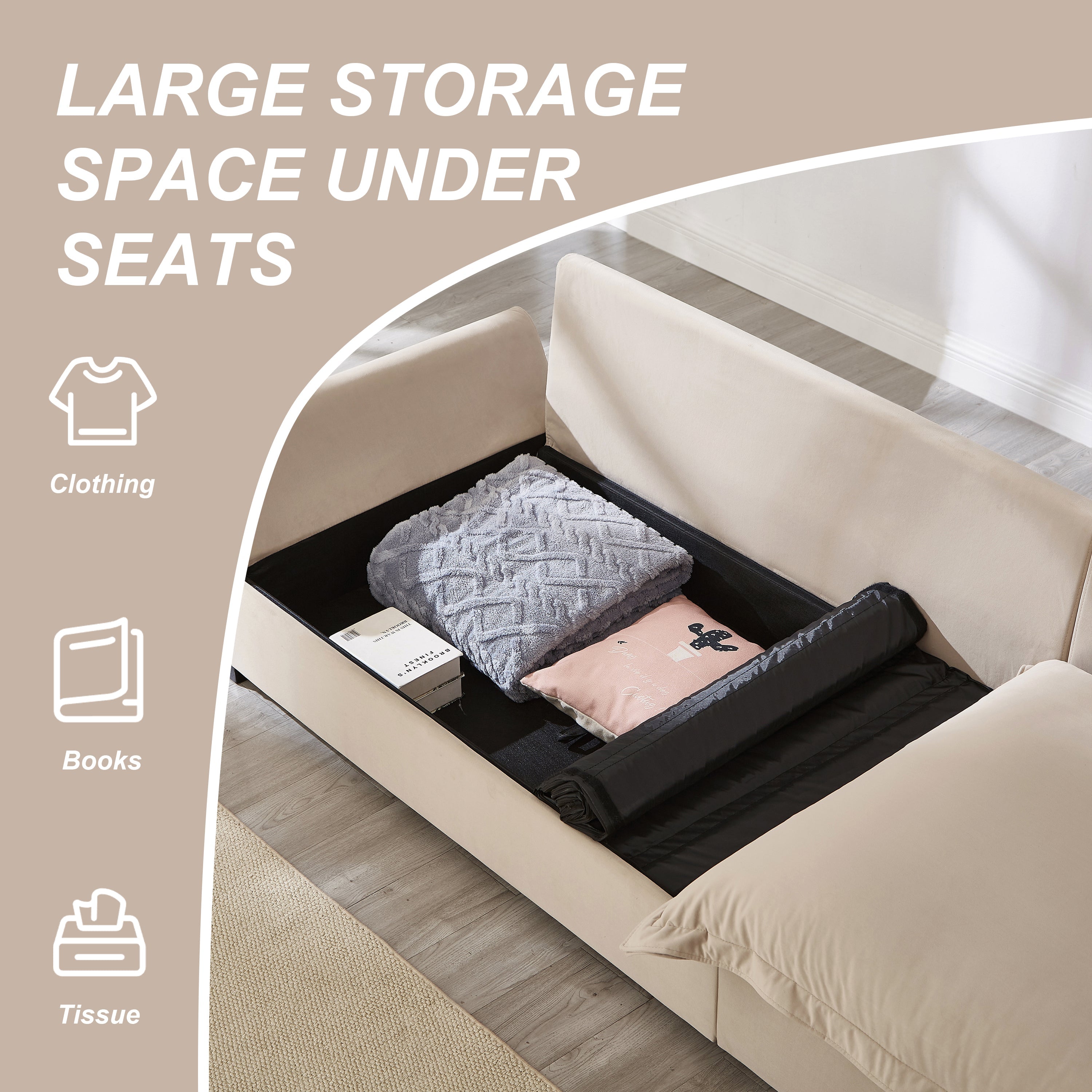 Modular Sectional Sofa, Sailing Design Sofa with Storage, Removable Backrest, Modern Deep Seat Sofa with Throw Pillows for Living Room Bedroom Apartment,Light Khaki