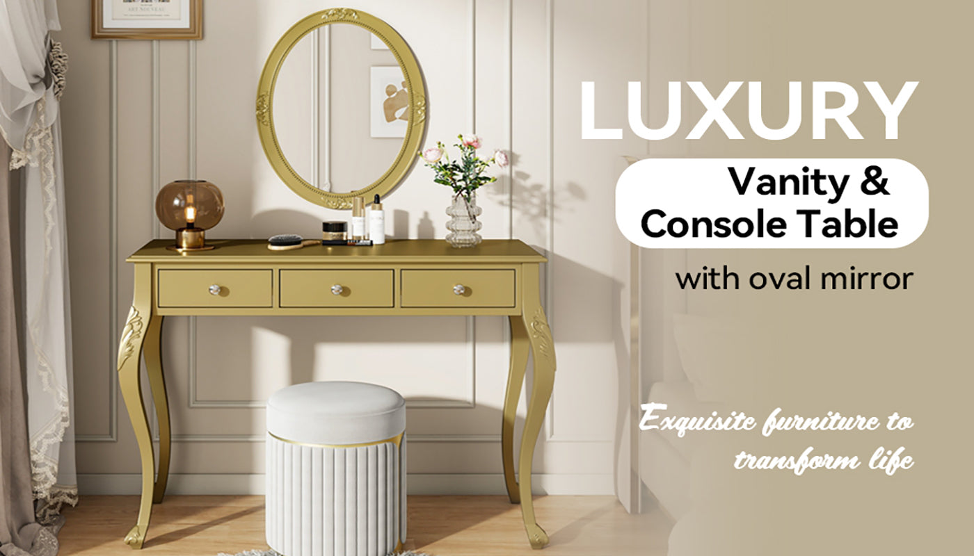 Luxury Makeup Vanity Desk with Oval Mirror, 3-Drawer Dressing Table for Jewelry Storage, Elegant Console Table for Entryway, Living Room & Bedroom, Stylish Home Decor,Gold