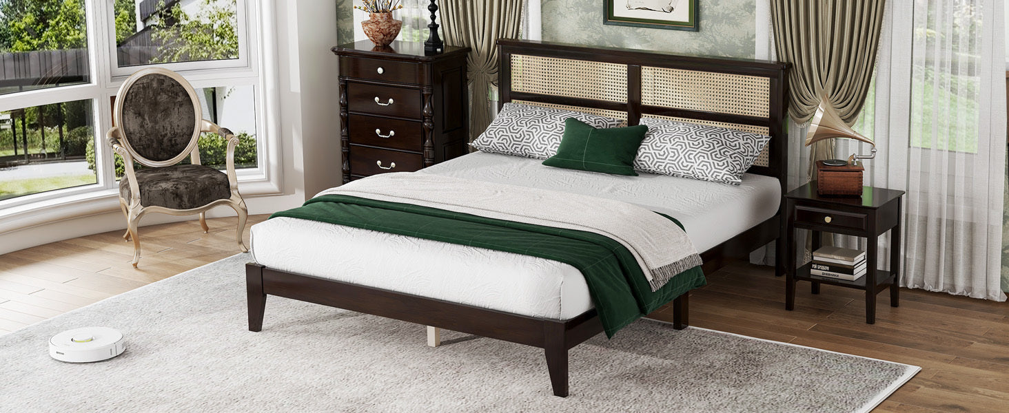 Queen Size Rubber Wooden, Solid Wooden Bed with Rattan Headboard, Enhanced by Support Feet,Espresso