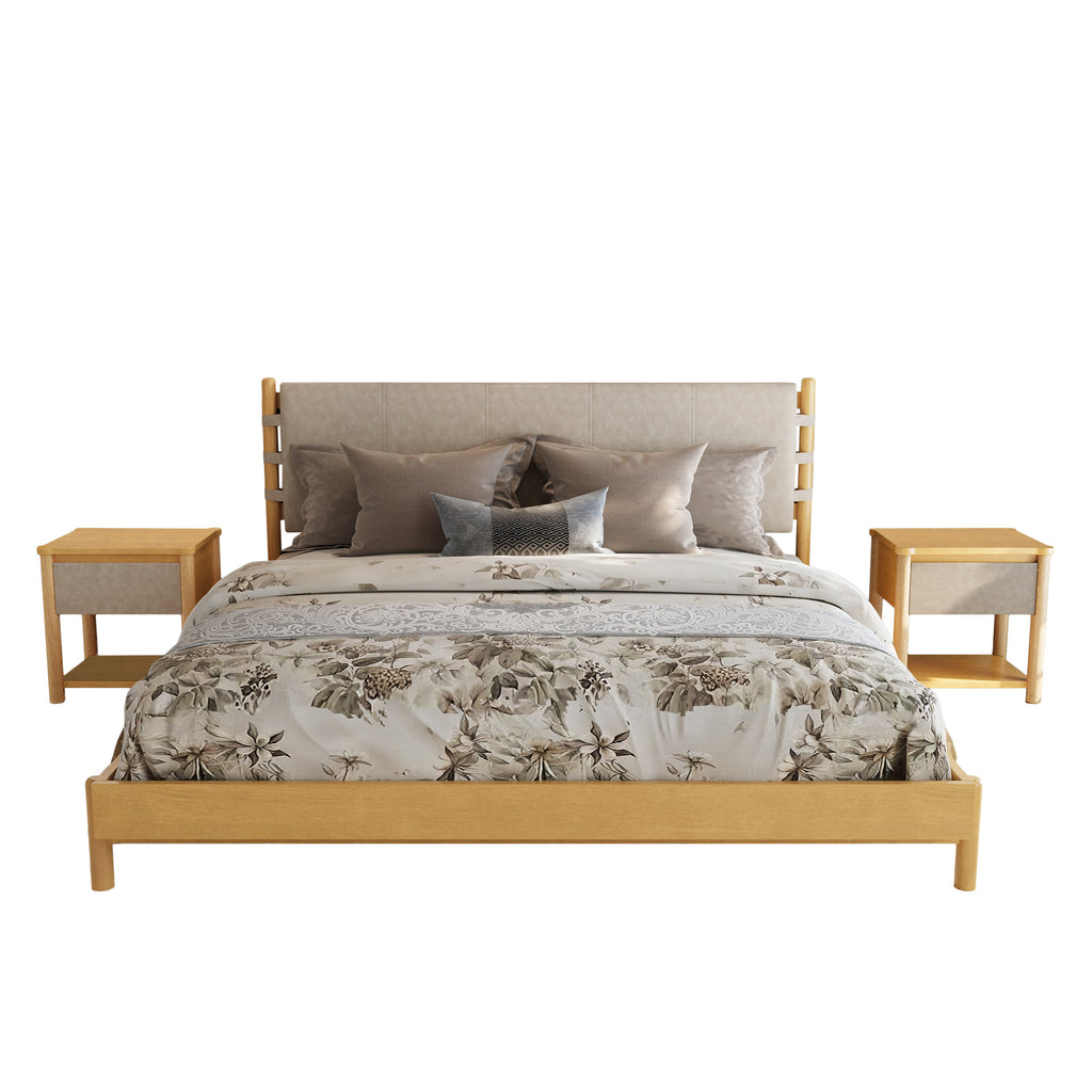 Modern King Bed Frame Set with 2 Nightstands, Beige Wood Platform Bed with Headboard and Matching Bedside Tables for Bedroom