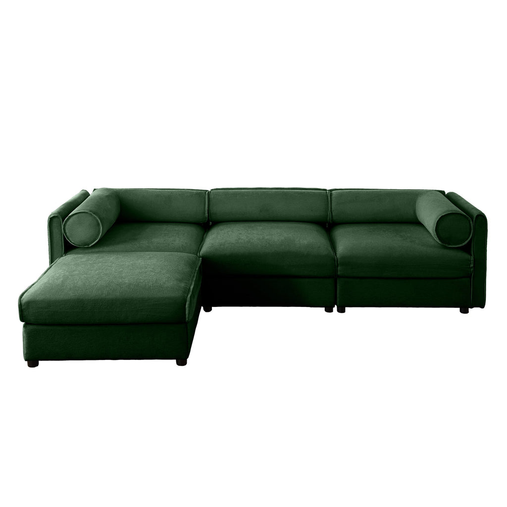 Elegant Green Chenille  Sofa with Storage Seat and Ottoman, L-Shaped 3-Seater Cylindrical Backrest and Armrests, Contemporary 3-Seater Fabric Couch with Hidden Storage Compartment