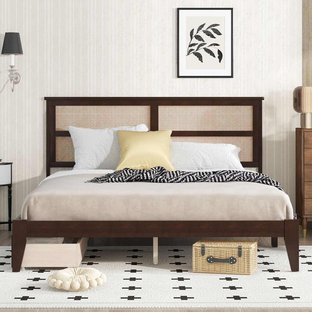 King Size Bed with Rattan Headboard, Two Storage Drawers, Rubber Wood Bed with Enhanced  Support Salts and Feet,Espresso