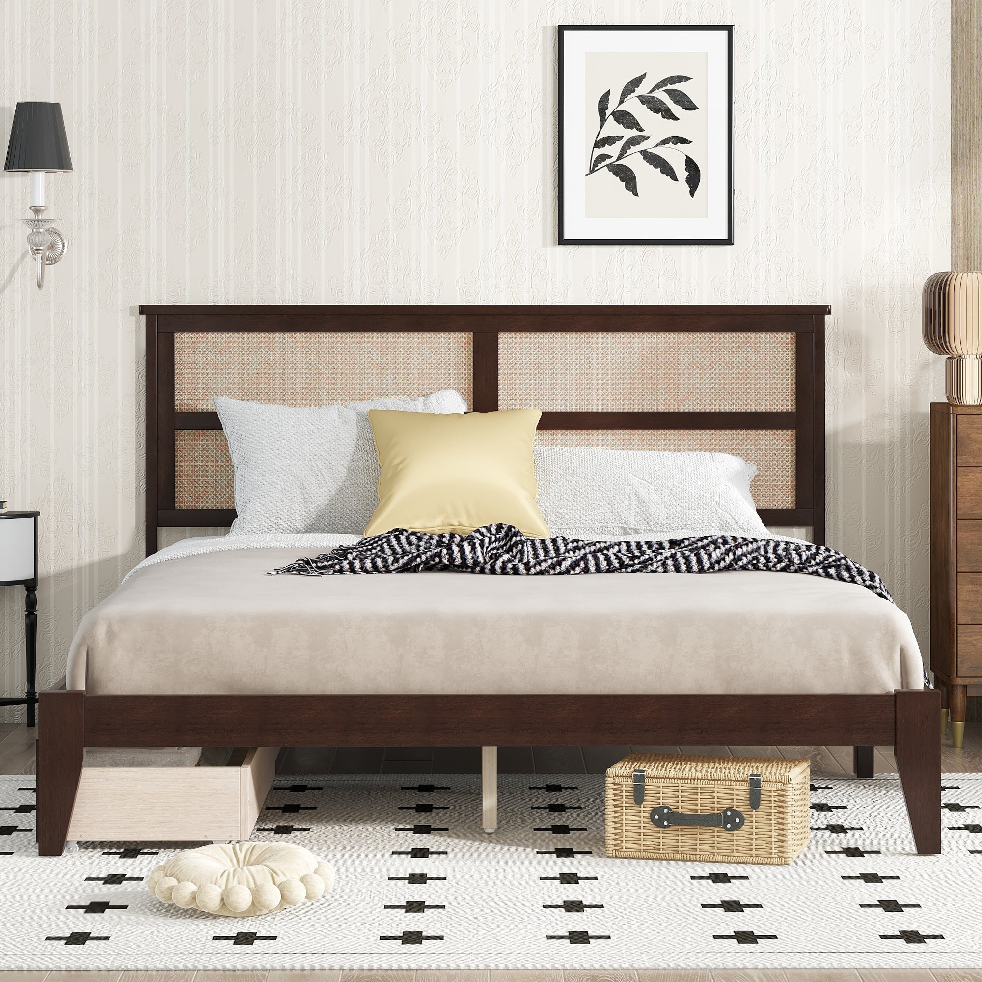 King Size Bed with Rattan Headboard, Two Storage Drawers, Rubber Wood Bed with Enhanced  Support Salts and Feet,Espresso