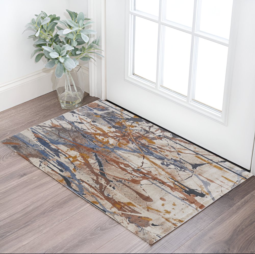 5' X 8' Ivory Blue and Brown Abstract Power Loom Area Rug