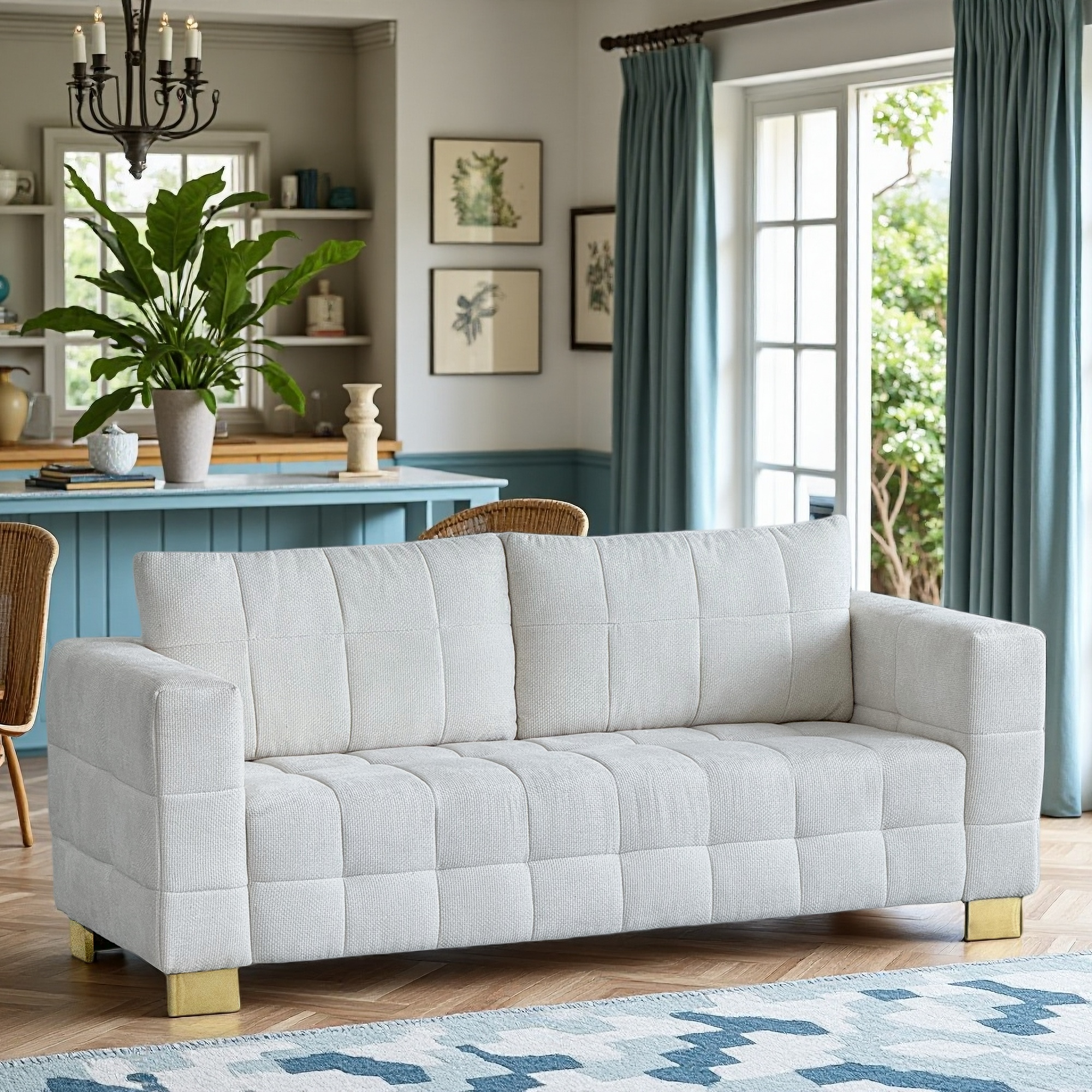 FX-P54-BE SOFA  Contemporary Beige Chenille Couch, Deep-Seat 3-Person Sofa with Wide Armrests & Brushed Stainless-Steel Block Legs Soft Upholstered Sofa for Living Room