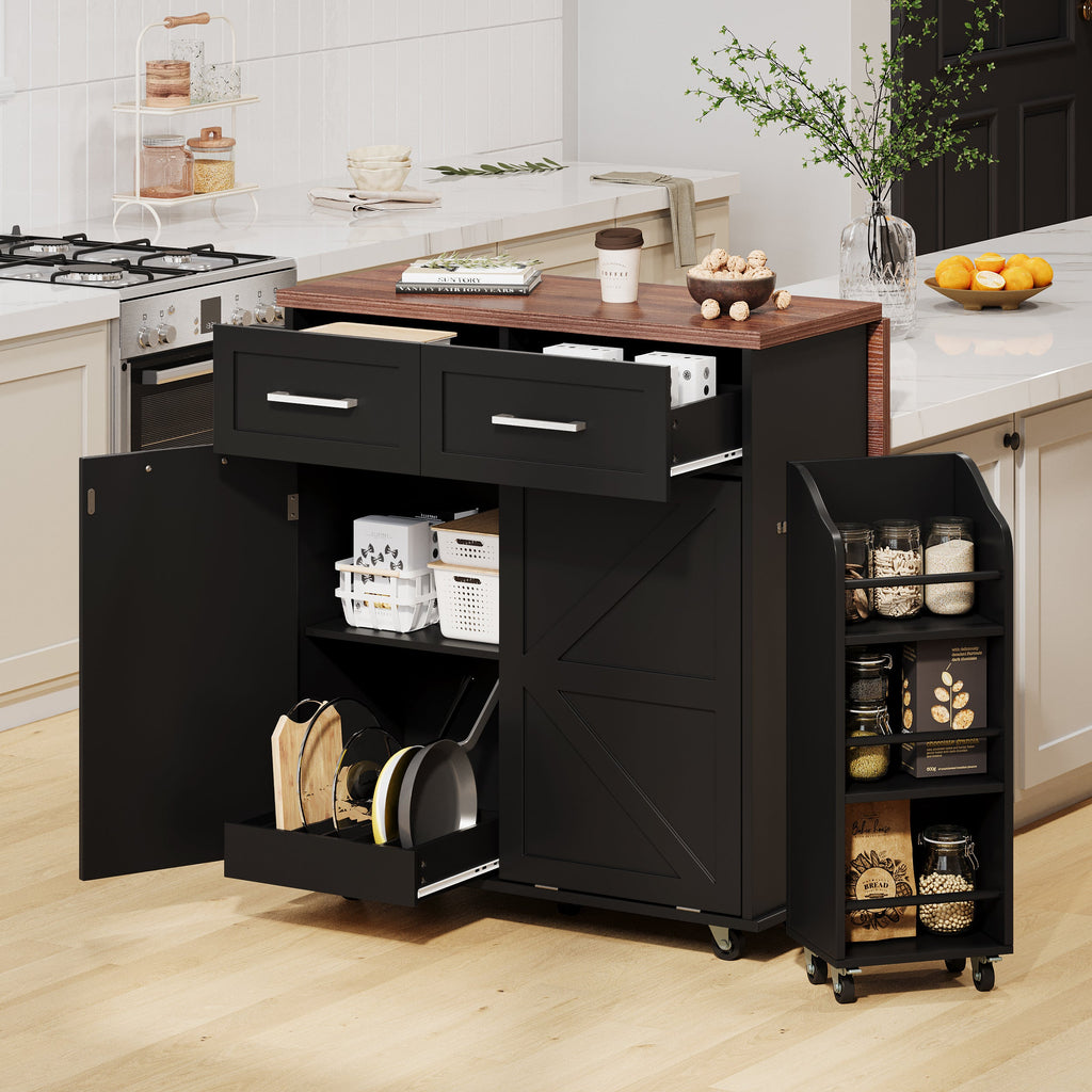 K&K 47.2' Farmhouse Kitchen Island with Drop Leaf, Kitchen Storage Island with Removable Side Racks, Two Drawers, Rolling Kitchen Cart on Wheels with Towel Rack, for Home, Kitchen, Dining Room, Black