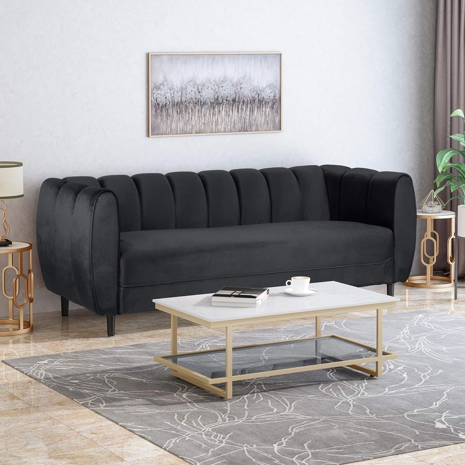 Miranda Modern Glam Velvet 3-Seater Sofa in Black with Birch Wood Legs