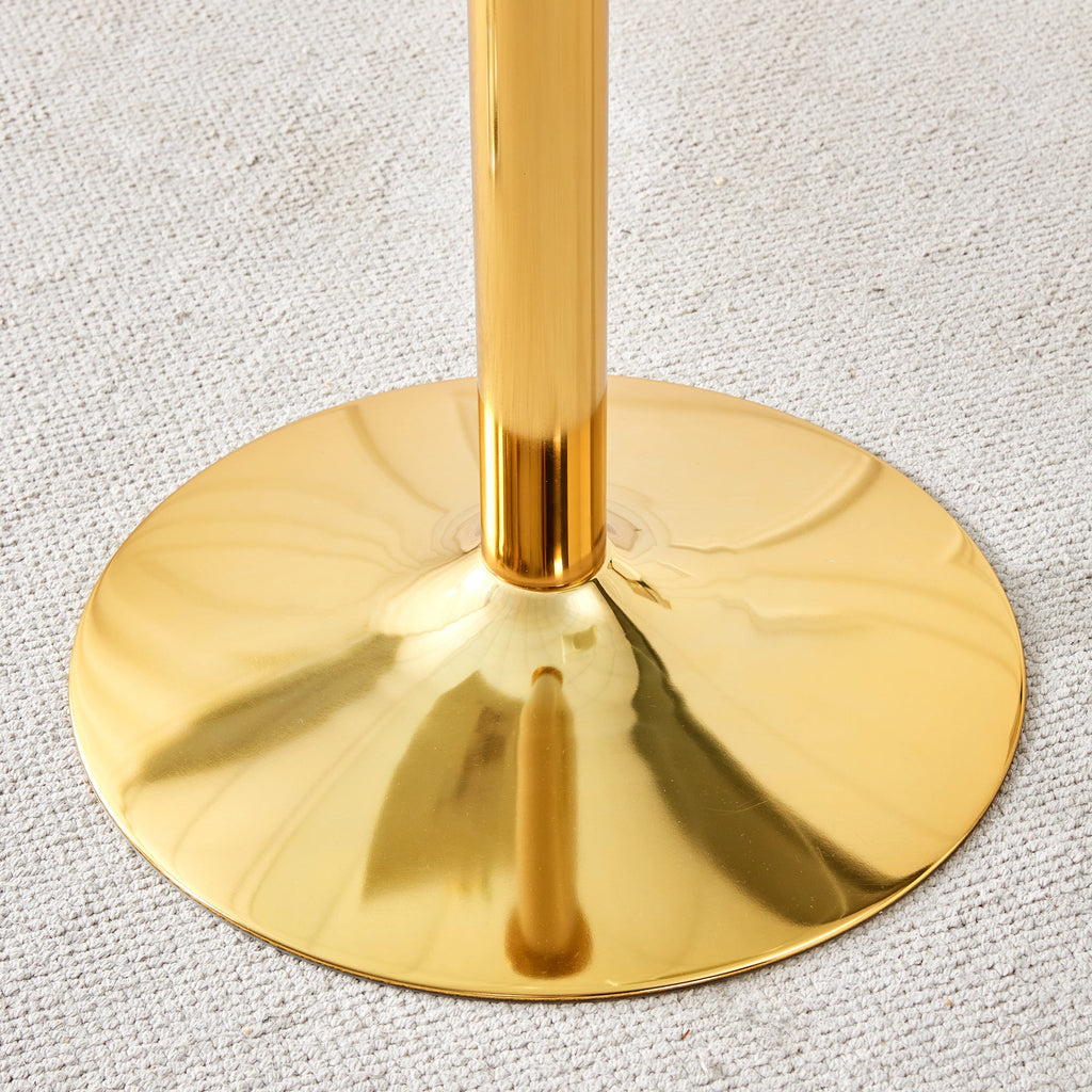 A 35-inch diameter glass top and a modern, minimalist round dining table with gold metal legs. Ideal for dining rooms, living rooms and meeting rooms.W1151P263755