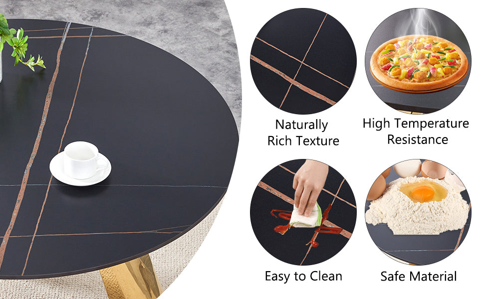 The 42-inch stainless steel gold-plated flamed granite round table with seating for 4 or 6 people is perfect for dining, entertaining, or as a conference table