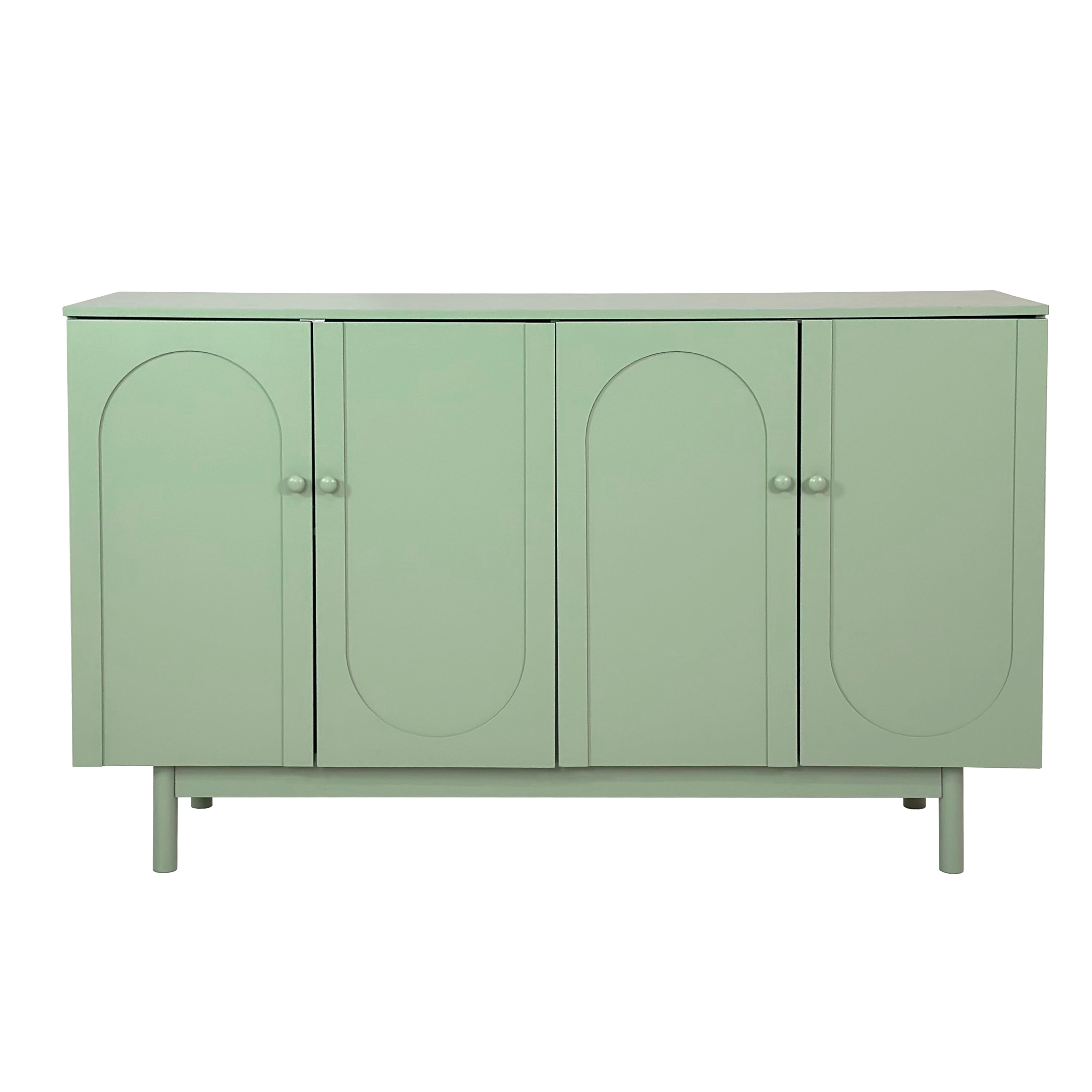 Stylish and Functional 4-Door Intaglio Storage Cabinet with Pine Legs, Solid Wood Pulls and MDF, for Living Room Bedroom,and Kitchen,Mint Green