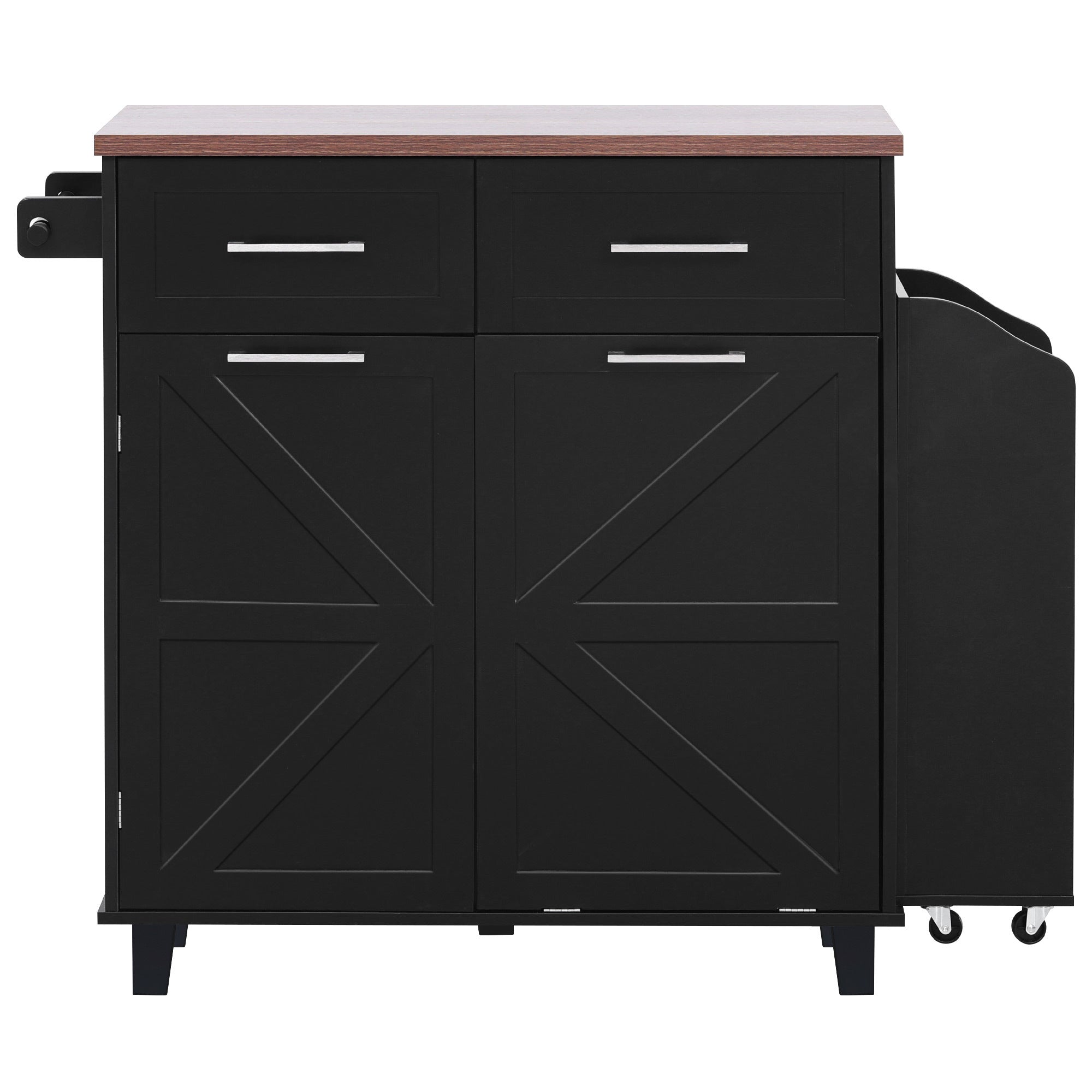 K&K 47.2' Farmhouse Kitchen Island with Drop Leaf, Kitchen Storage Island with Removable Side Racks, Two Drawers, Rolling Kitchen Cart on Wheels with Towel Rack, for Home, Kitchen, Dining Room, Black