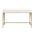 2 Drawers Writing Desk with Metal Trestle Base, White High Gloss and Gold