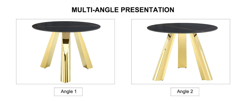 The 42-inch stainless steel gold-plated flamed granite round table with seating for 4 or 6 people is perfect for dining, entertaining, or as a conference table