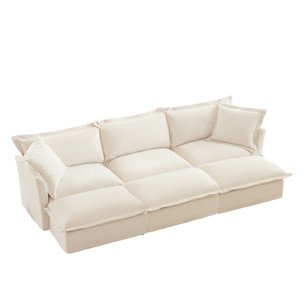 Living Room Sofa Slipcovered Sofa 3 Seater Sofa With 3 Ottomans, Oversized 3-Seat Sleeper Sofa Bed Home Theater Sofa, Chenille, Cream