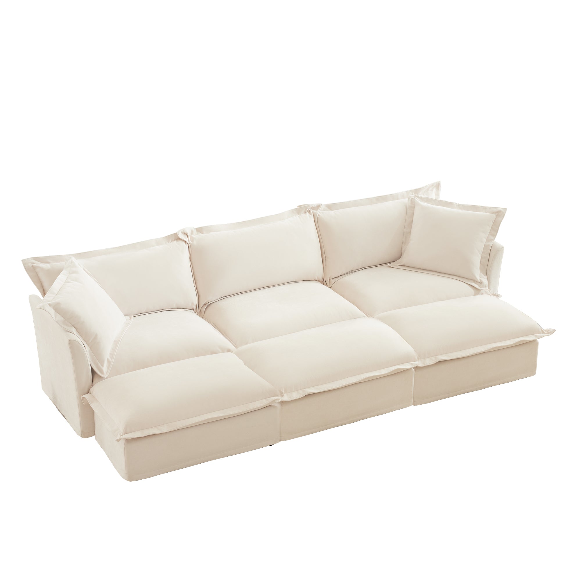 Living Room Sofa Slipcovered Sofa 3 Seater Sofa With 3 Ottomans, Oversized 3-Seat Sleeper Sofa Bed Home Theater Sofa, Chenille, Cream