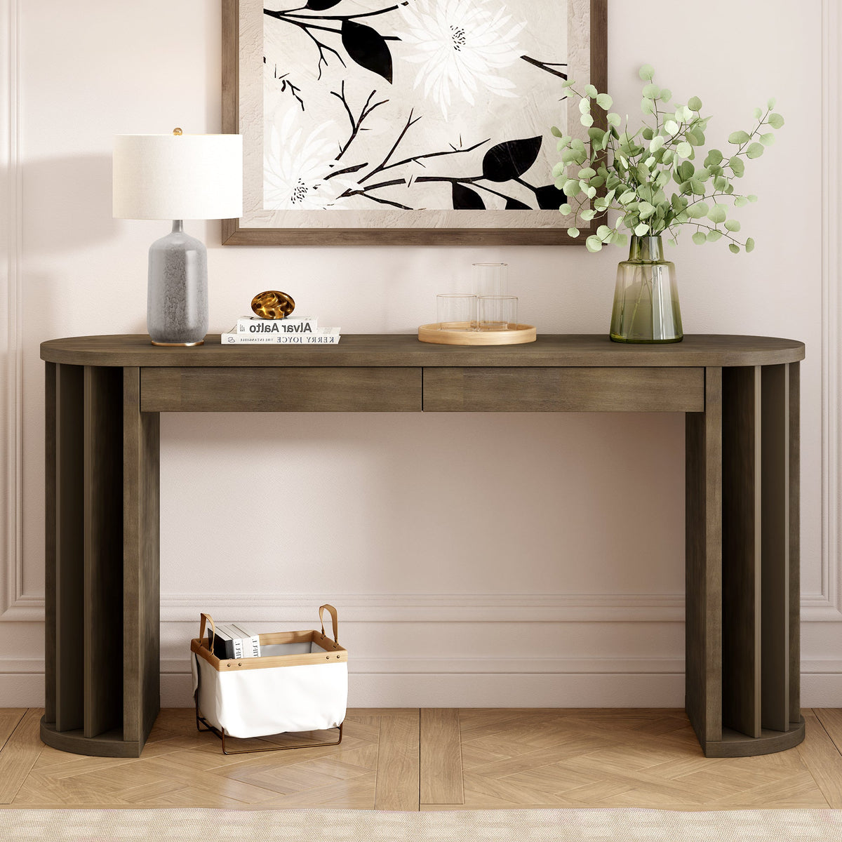 U_Style 59-inch Long Console Table,Oak Veneer Sofa Table,Curved and Straight Line Design,Behind the Couch, Farmhouse Entryway Table for Entrance, Hallway, Living Room (Natural)