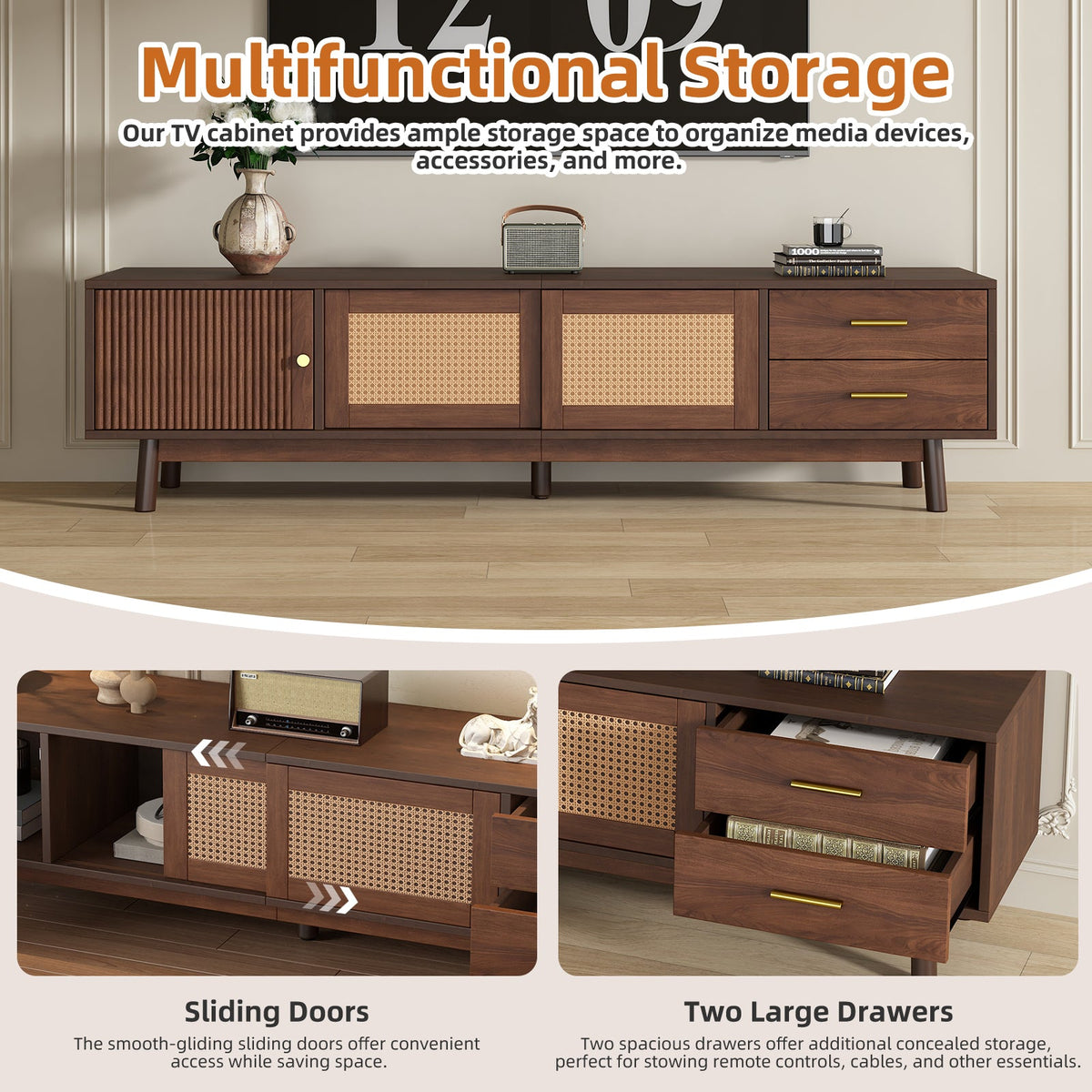 Mid Century Modern TV Stand for 80' TVs, Entertainment Center with Sliding Doors and Drawers, TV Table with Storage for Living Room, Bedroom