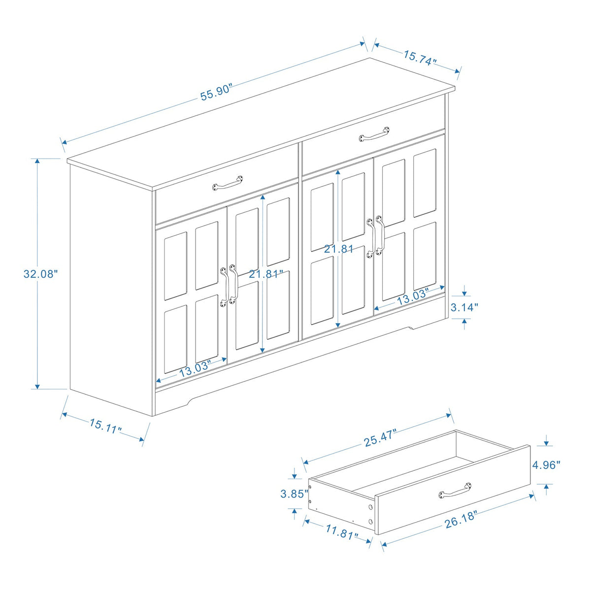 55.91" Large Farmhouse Buffet Cabinet Storage Sideboard with 2 Drawers and 4 Doors for Dining Living Room Kitchen Cupboard-White
