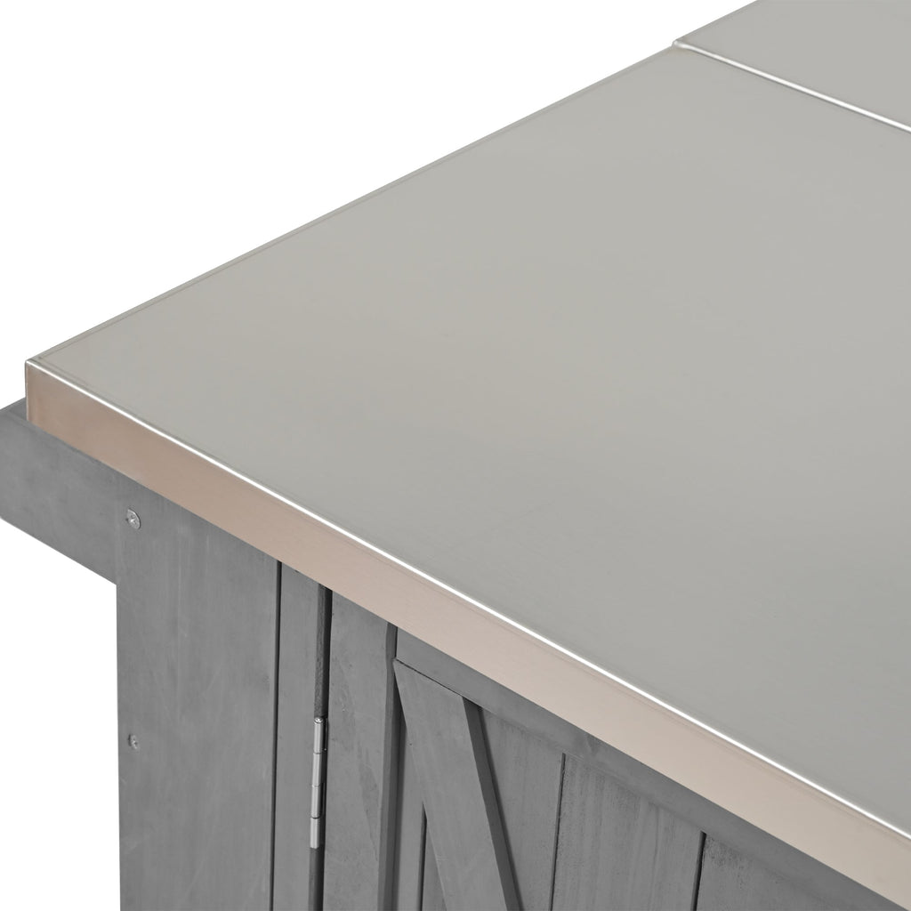 Outdoor Kitchen Island Fir Wood Kitchen Island with Stainless Steel Top, Ample Storage, Towel and Spice Racks, Bottle Opener, Grey
