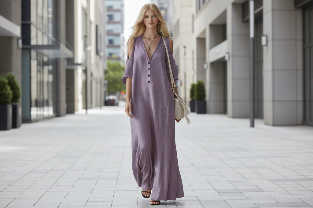 Women's Lace-Trim Loose A-Line Dress – Three-Quarter Sleeve Maxi