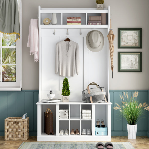 LuneluX_Home – Modern Farmhouse Hall Tree with Storage Bench & Hooks