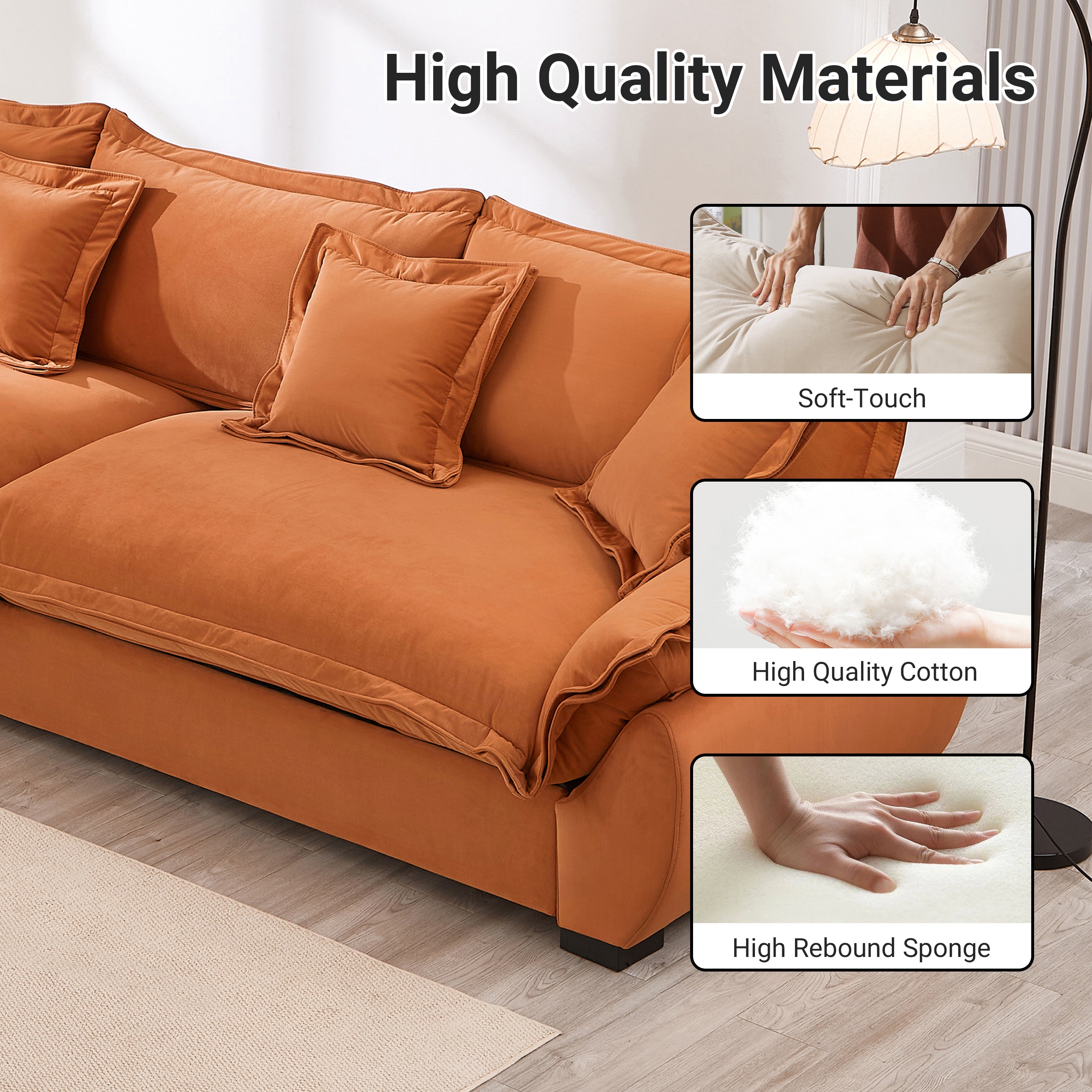 Modular Sectional Sofa, Sailing Design Sofa with Storage, Removable Backrest, Modern Deep Seat Sofa with Throw Pillows for Living Room Bedroom Apartment,Orange