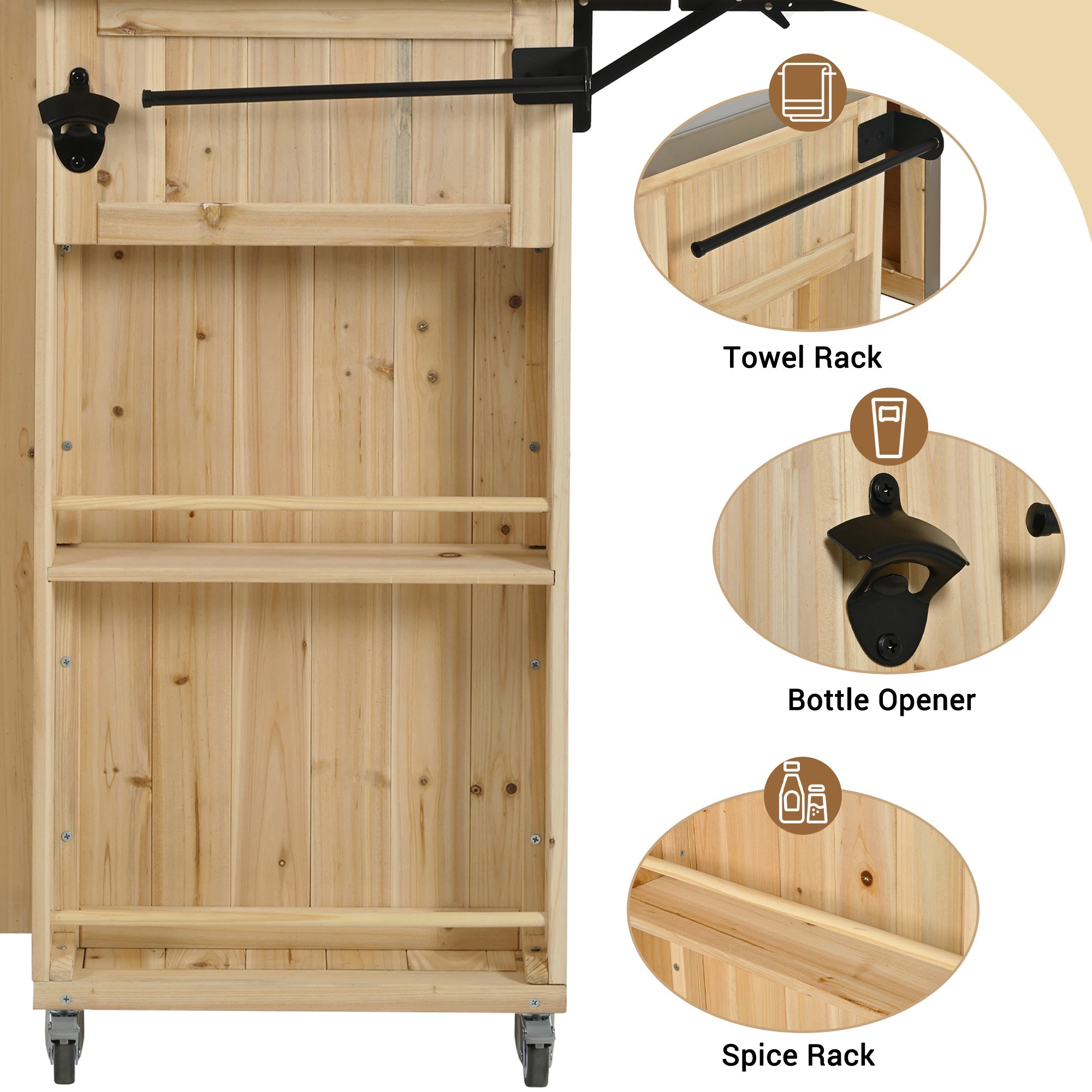 Outdoor Kitchen Island Fir Wood Kitchen Island with Stainless Steel Top, Ample Storage Space, Towel and Spice Racks, Bottle Opener, Natural