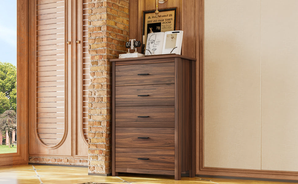 4PCS Bedroom Sets, Wooden Queen Size Bed Frame with Storage Headboard and Charging Station, 2 Nightstands with 2 Drawers, 1 Dresser with 5 Drawers, Walnut(old SKU HL000102AAD)