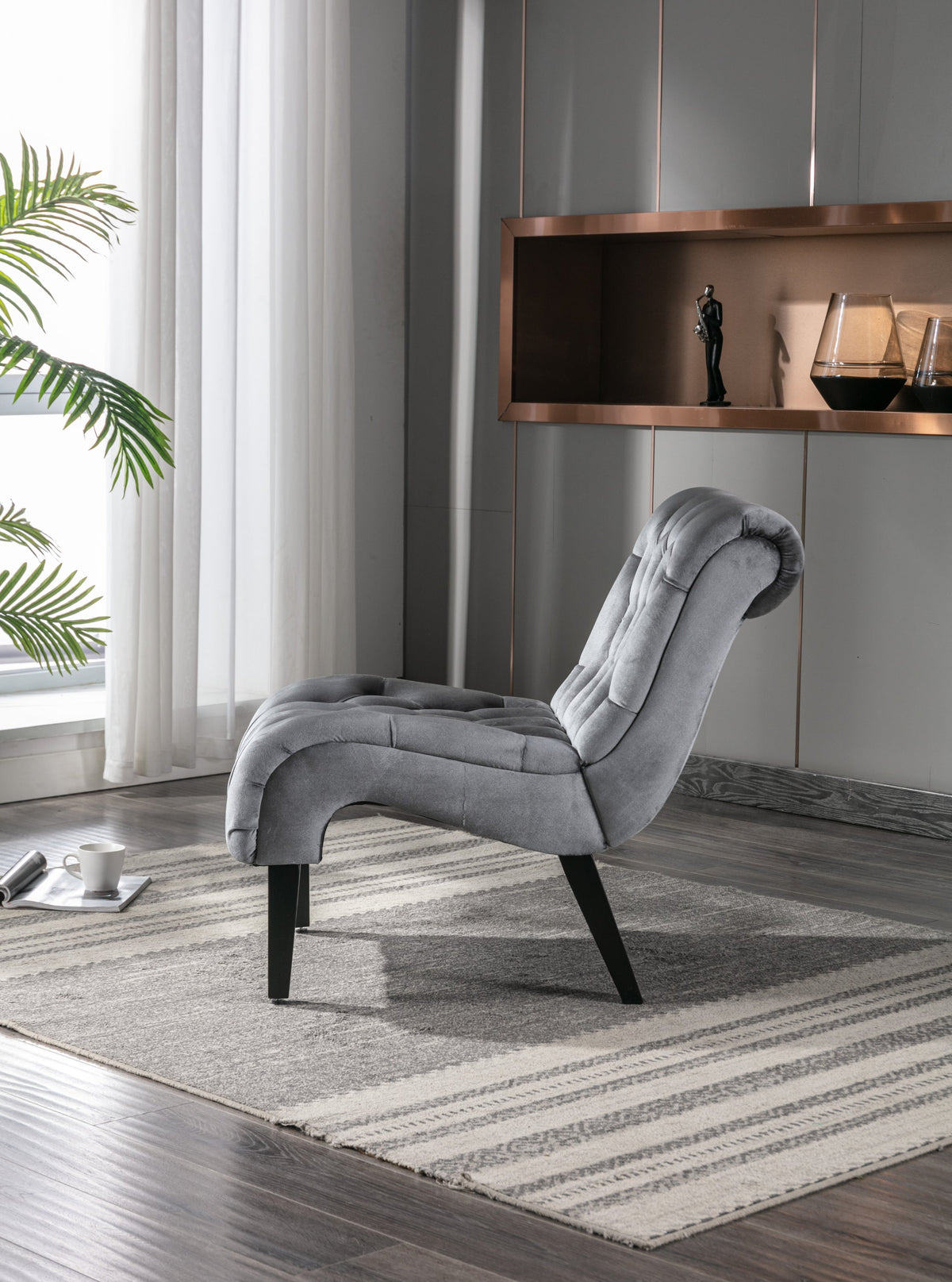 COOLMORE Modern Velvet Armless Accent Living Room Chair / Leisure Chair,Upholstered Fabric Button Comfortable Chair with Wooden Legs for Bedroom, Living Room, Office (Silver Velvet)