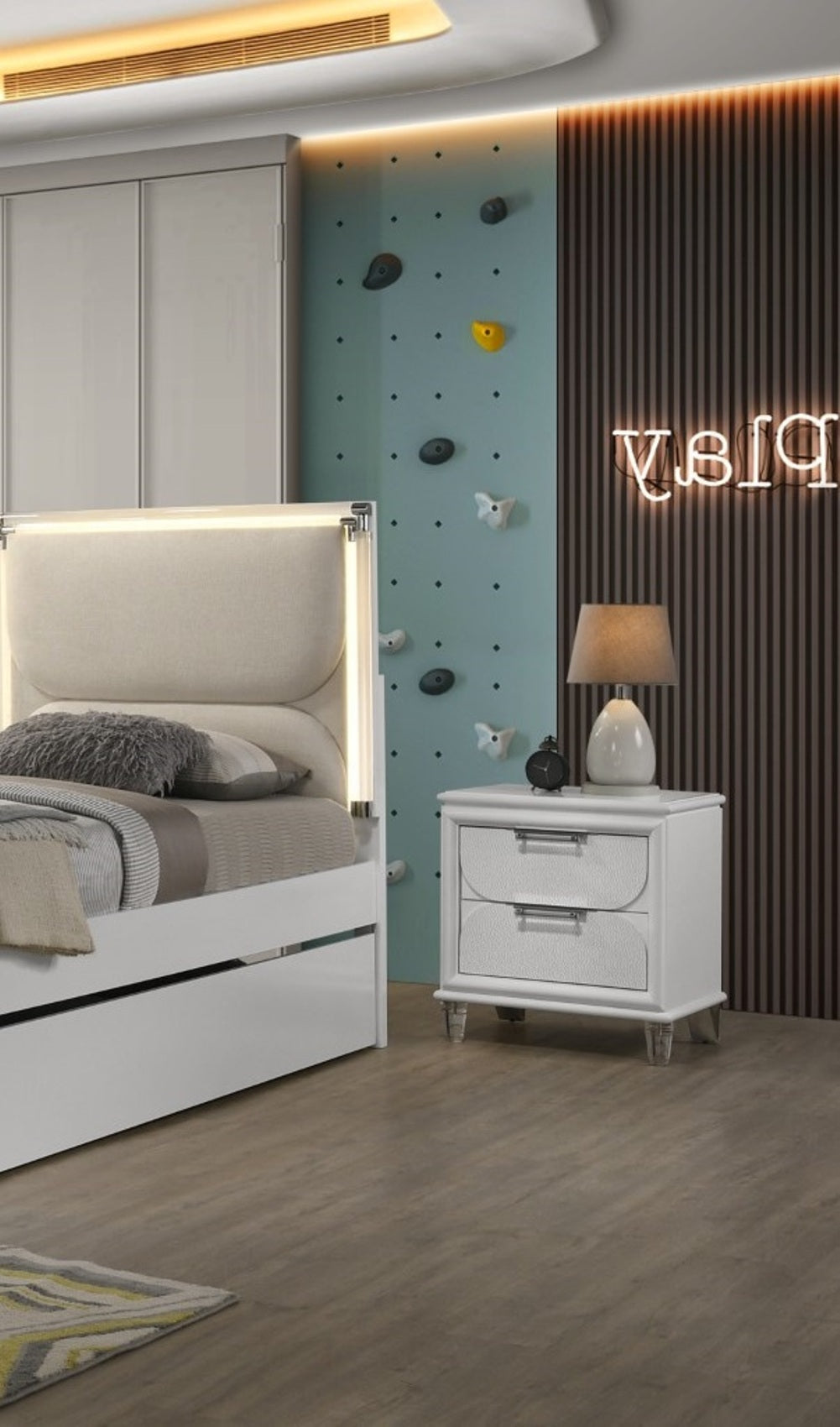 Contemporary Glam Pearl White Full Size Bed W Trundle 2x Nightstands Embossed Panel 3pc Bedframe Bedroom Furniture