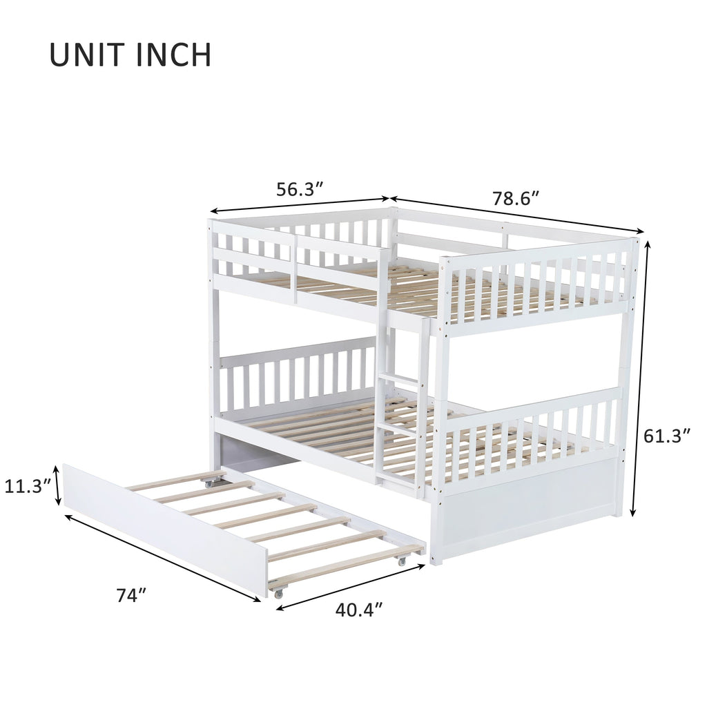 Full Over Full Rubber Wood Bunk Bed with Trundle, Ladder and Guardrails, Convertible to 2 Full Size Beds, with Twin Size Trundle,White