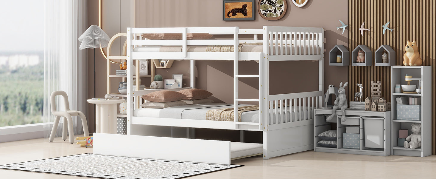 Full Over Full Rubber Wood Bunk Bed with Trundle, Ladder and Guardrails, Convertible to 2 Full Size Beds, with Twin Size Trundle,White
