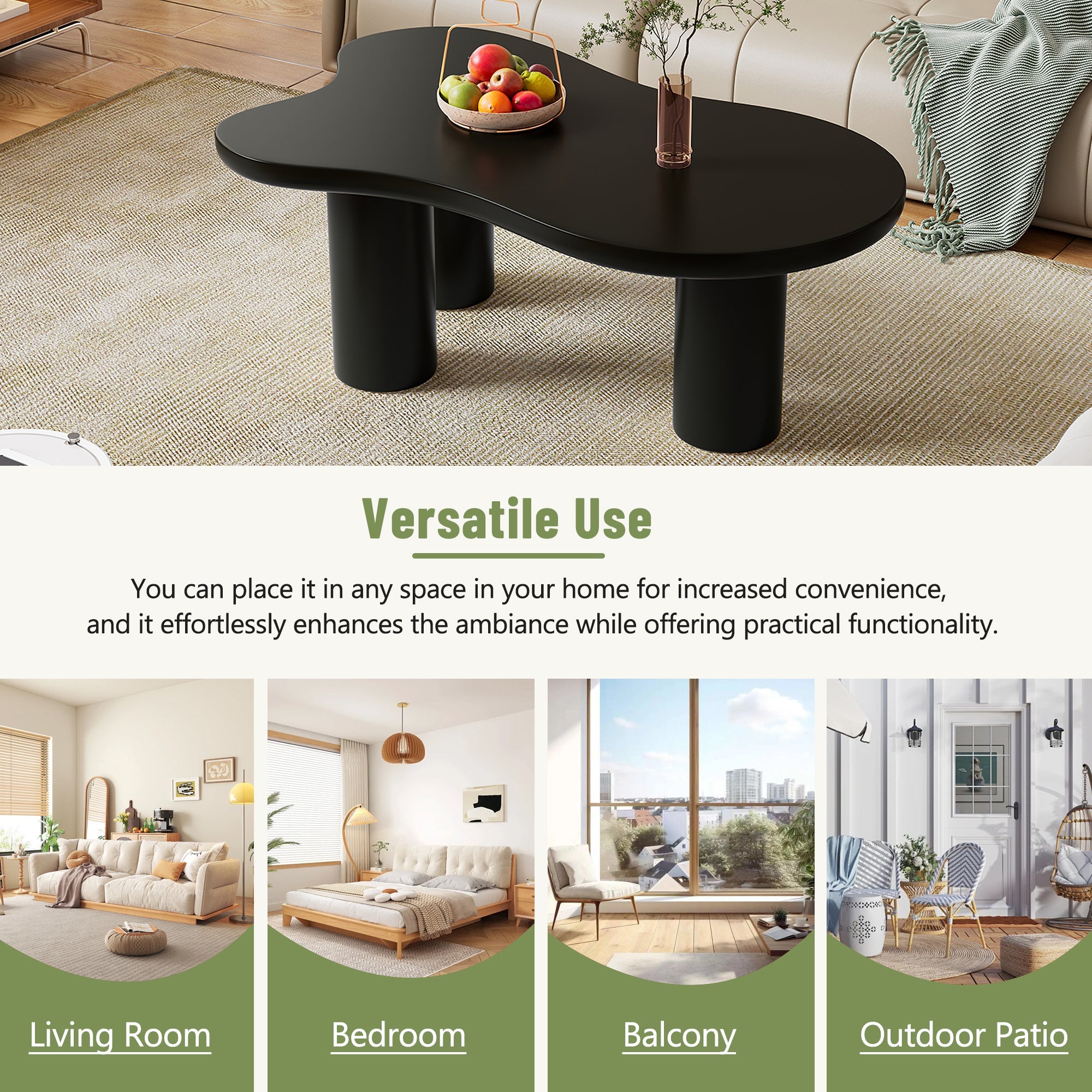 ON-TREND 44'' x 25.9'' Easy Assembly Cloud Coffee Table with 1.5'' Thick Tabletop, Cream Style Irregular End Table with 3 Sturdy Legs, Sleek Center Table with Round Edge for Living Room, Black