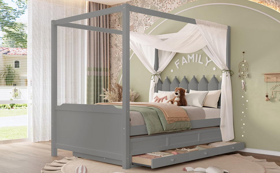 Full Platform Bed with Upholstered Headboard,Twin Size Trundle and 3 Drawers,Princess Canopy Bed Frame for Kids,Storage & Easy Assembly,Gray.