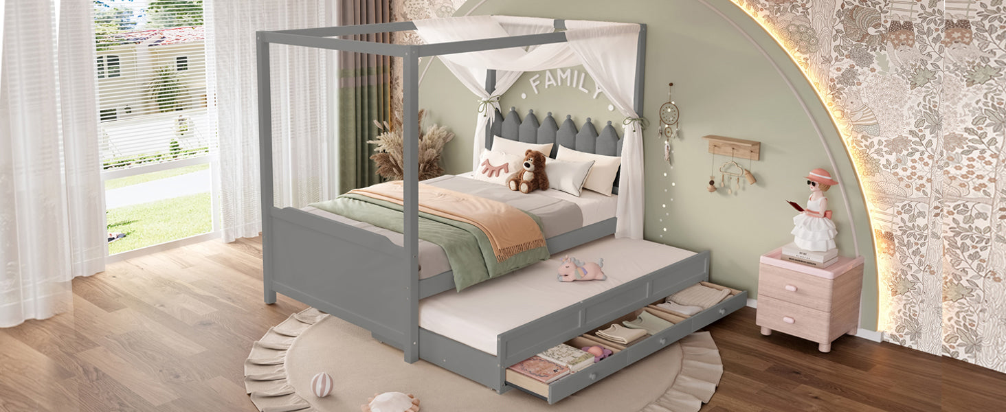 Full Platform Bed with Upholstered Headboard,Twin Size Trundle and 3 Drawers,Princess Canopy Bed Frame for Kids,Storage & Easy Assembly,Gray.