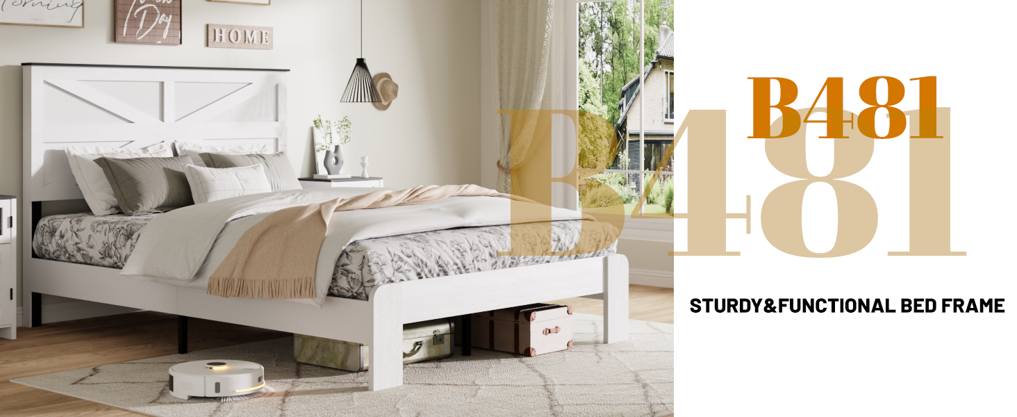King Bed Frame Headboard , Wood Platform Bed Frame , Noise Free,No Box Spring Needed and Easy Assembly Tool,Large Under Bed Storage,White