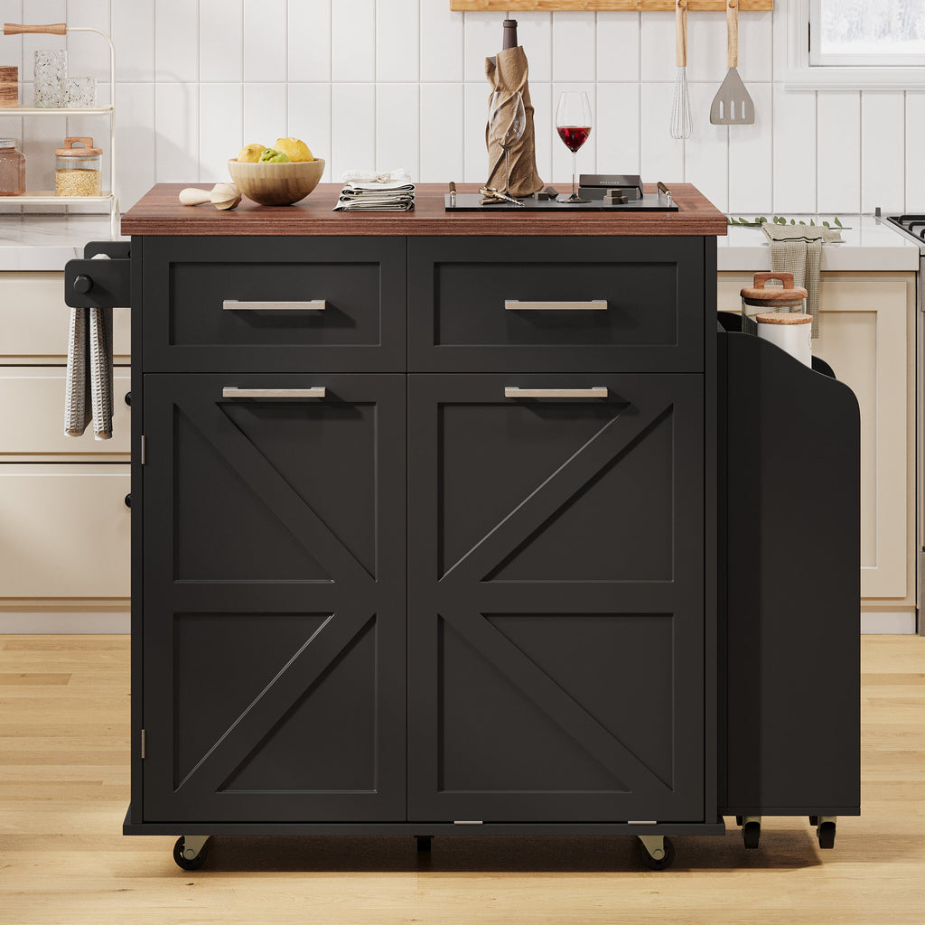 K&K 47.2' Farmhouse Kitchen Island with Drop Leaf, Kitchen Storage Island with Removable Side Racks, Two Drawers, Rolling Kitchen Cart on Wheels with Towel Rack, for Home, Kitchen, Dining Room, Black