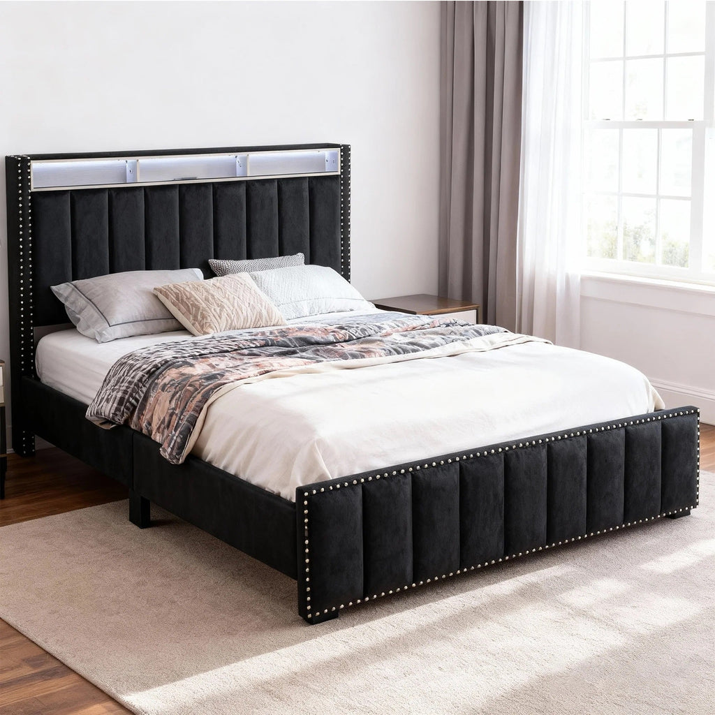 Queen Size Bed And 2x Nightstands Bedroom Furniture Luxury Look Black Fabric Upholstered Bedframe w LED Nailhead Trim 3pc Bedroom Set