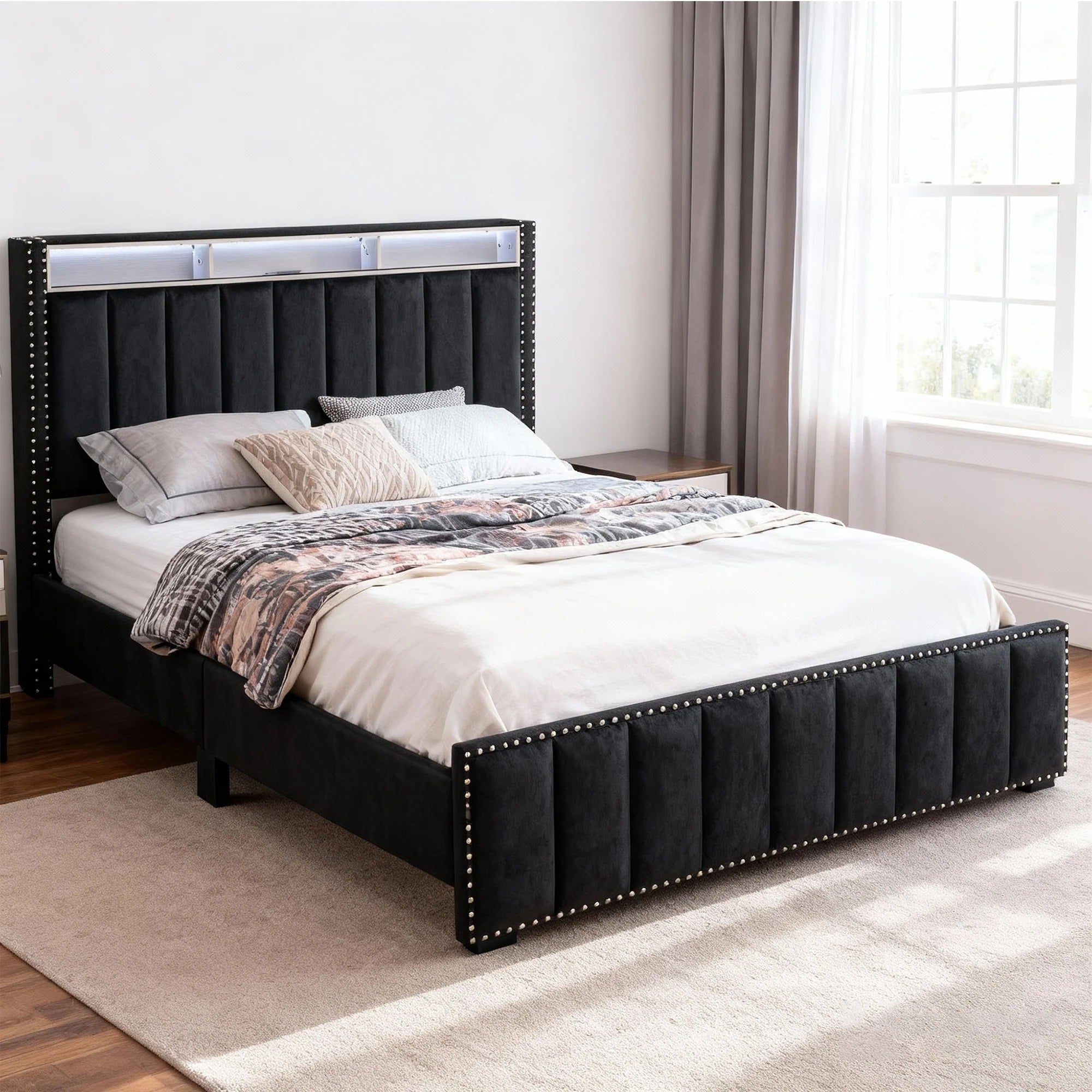 Full Size Bed And 2x Nightstands Bedroom Furniture Luxury Look Black Fabric Upholstered Bedframe w LED Nailhead Trim 3pc Bedroom Set