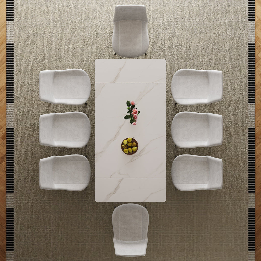 Modern Retractable Sintered Stone Dining Table with Black Carbon Steel Legs, White, 83 Inches for 6-8 Seats